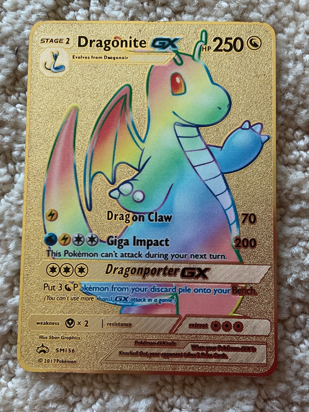 Custom Gold Metal Dragonite GX Card - Rainbow Rare Style - Fan Art Novelty